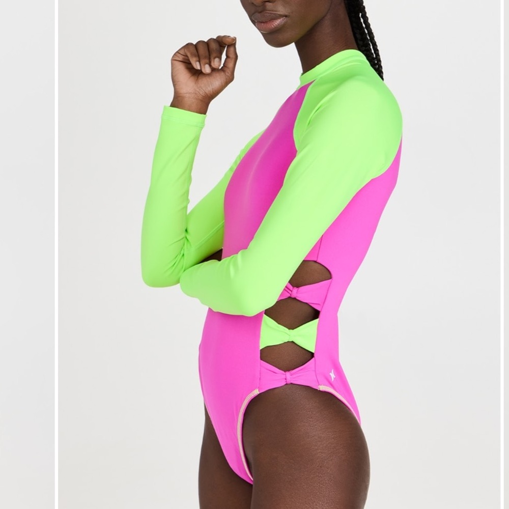 LoveShackFancy X Hurley Blocked Bow Cheeky Surf Suit, Magenta Neon Lime Size M